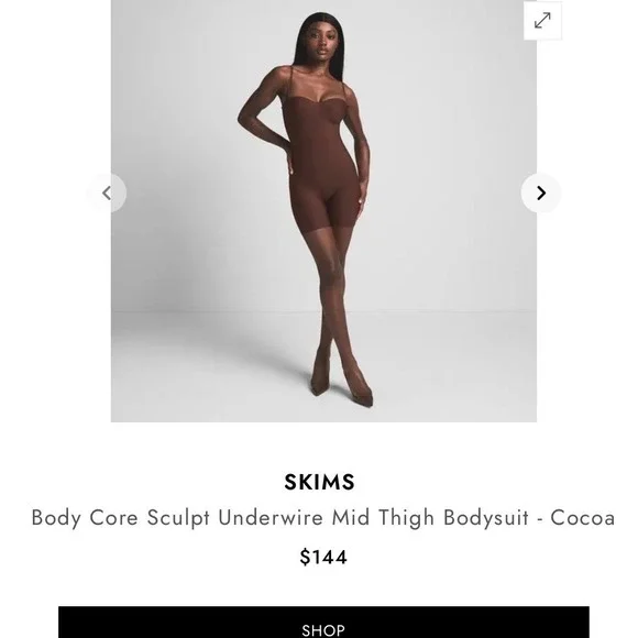 NWOT SKIMS Body Core Sculpt Underwire Mid Thigh Bodysuit Cocoa Shapewear Size S